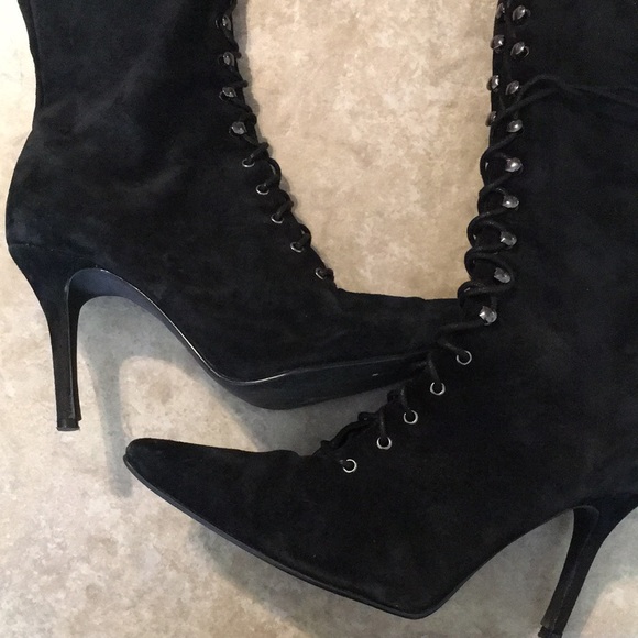 Black Genuine Suede Lace Up 3/4 Pointy Toe Boots - Picture 2 of 9